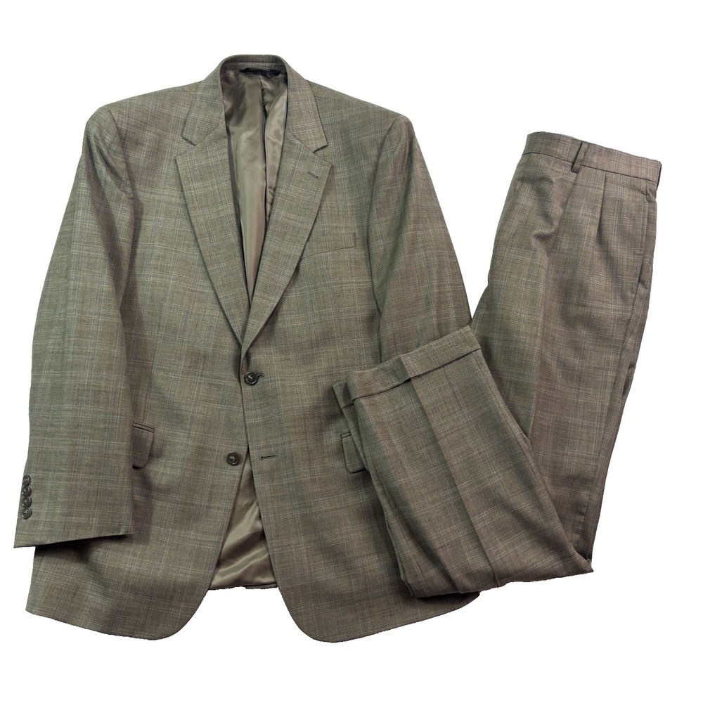 Jos A Bank 43L 44L 37x32 Taupe Plaid 2pc Pant Suit Signature Wool Cuffed Pleated